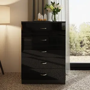 Black Gloss 5 Drawer Chest Of Drawers Bedroom Furniture