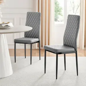 Set of 4 Milan Elephant Grey High Back Soft Touch Diamond Pattern Faux Leather Black Powder Coated Metal Leg Dining Chairs