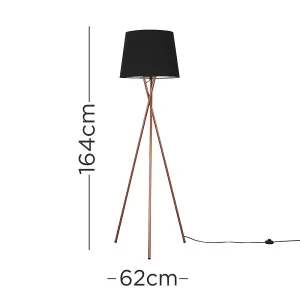 ValueLights Camden Modern Copper Metal Tripod Floor Lamp with Black Tapered Shade - Includes 6w LED Bulb 3000K Warm White