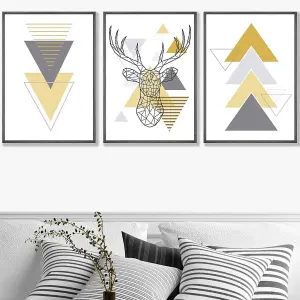 Set of 3 Geometric Line Art Yellow Stag Head Triangles Wall Art Prints / 50x70cm / Dark Grey Frame