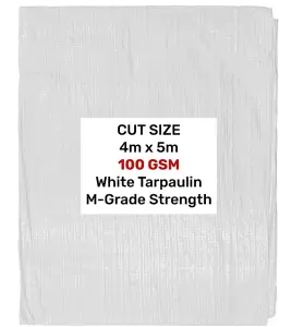 Heavy duty waterproof white tarpaulin ground sheet general cover protection 100G 4m x 5m