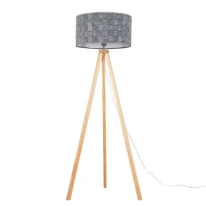 ValueLights Barbro Modern Light Wood Tripod Design Floor Lamp with Grey Felt Weave Design Light Shade with 6w LED GLS Bulb