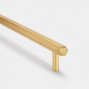 Satin Brass Slim Hexagonal Cabinet T Bar Handle With Backplate - Solid Brass - Hole Centre 224mm - SE Home