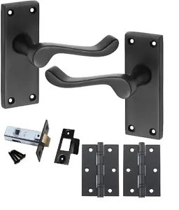 4 Sets Premium Victorian Scroll Latch Door Handles Matt Black Finish Ball Bearing Hinges & Black Latch Pack 120 x 40mm - GG