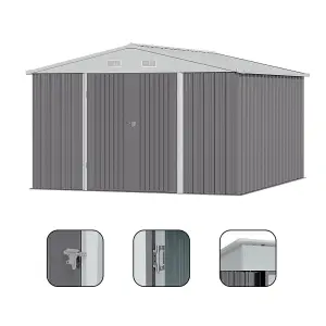 10x8ft Apex Roof Grey Waterproof Outdoor Metal Shed Garden Storage Shed with Base