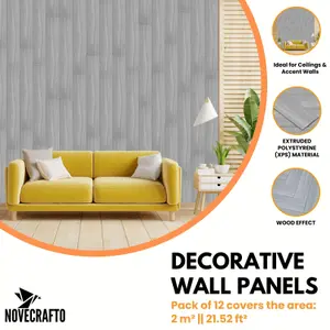 Decorative Wall Panels with Wood effect - Polystyrene Ceiling Tiles Covers 2sqm, Wall Cladding Easy Cut & Instal, Grey Board Look