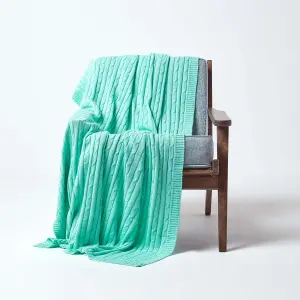 Homescapes Cotton Cable Knit Pastel Green Throw, 150 x 200 cm