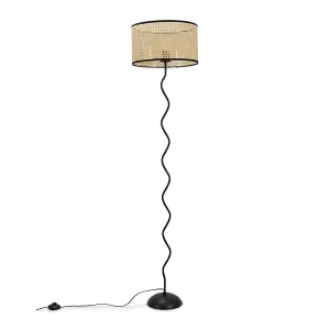 ValueLights Black Metal Wavy Stem Floor Lamp with a Natural Cane Wicker Black Trim Shade