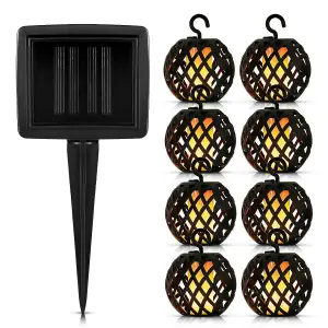 8pc Solar Rattan Ball Flame Effect LED String Hanging Lights - No Wires Or Cables Are Needed - Auto Light Control