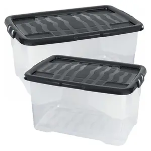 2 x Stackable & Strong Durable 42 Litre Curve Plastic Storage Boxes With Black Lids For Home & Office