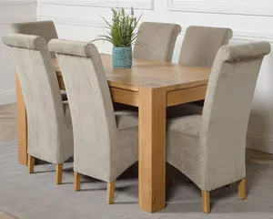 Kuba 150 x 85 cm Chunky Medium Oak Dining Table and 6 Chairs Dining Set with Montana Grey Fabric Chairs