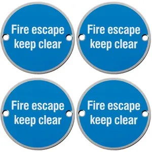 4x Fire Door Keep Clear Sign 64mm Fixing Centres 76mm Dia Satin Steel