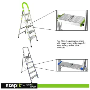 StepIt 5 Step Ladder - Portable Folding with Wide Steps, Soft Grip, Rubber Hand Grip, 150kg Capacity