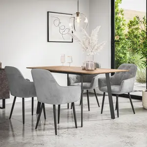 Haydon Extending Dining Table And Chairs -  Oak Effect Table Top w Black Legs + Anika Velvet Dining Chair Set Of 6 (Grey)