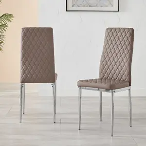 Set of 6 Milan Cappuccino Beige High Back Soft Touch Diamond Pattern Faux Leather Chromed Metal Leg Dining Chairs