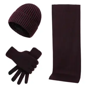 Wine Red Autumn & Winter Warm Knitted Acrylic Hat Scarf Gloves Set