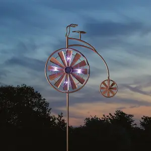 Penny Farthing Wind Spinner with Solar Powered LED Lights - Bronze Effect Outdoor Garden Light Up Decoration - H160 x W51 x D7cm