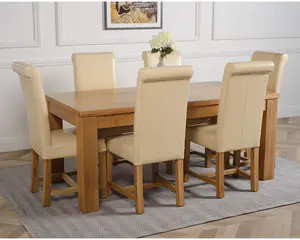 Dakota 182 x 92 cm Chunky Oak Large Dining Table and 6 Chairs Dining Set with Washington Ivory Leather Chairs