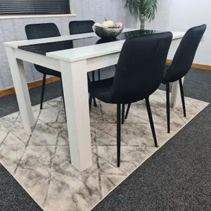 Dining Table And 4 Chairs White Black Wooden Table, Black Velvet Tufted Chairs