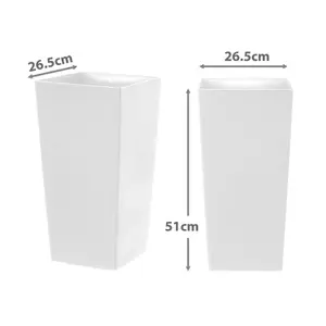 simpa 27L Large Square Milano Grande Planter Pot - WHITE Set of 2 Pots - 51cm (H) x 26.5cm (W) x 26.5cm (D)