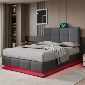 Ottoman Lift Storage Bed with LED Lighting, PU Faux Leather Upholstered 4ft6 Double Size Bed Frame(Without Mattress, Grey)