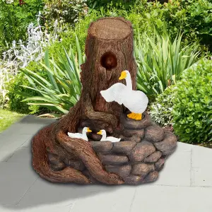 Hybrid Solar Powered White Goose Waterfall - Outdoor Garden Water Feature with Tree Stump & Geese Design - H50 x W50 x D40cm