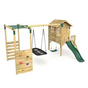 Rebo Orchard 4ft Wooden Children's Playhouse, Swings, Monkey Bars, Deck & 6ft Slide - Double Swing - Sage Green