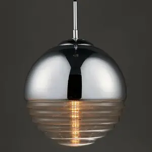 Hanging Ceiling Pendant Light CHROME & RIBBED GLASS Sphere Ball Lamp Bulb Holder