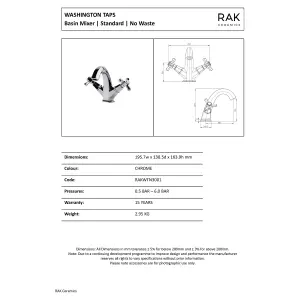 RAK Washington Polished Chrome Traditional 1/4 Turn Basin Mixer Tap Solid Brass