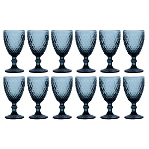 Set of 12 Vintage Luxury Blue Embossed Diamond Drinking Wine Glass Wine Goblets 270ml