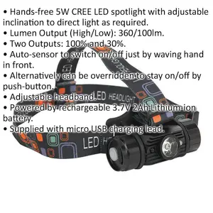 Rechargeable Head Torch - Three Light Settings - 3W LED - Auto Sensor