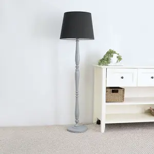 ValueLights Victoria Traditional Grey Wood Candlestick Floor Lamp with Black Tapered Shade