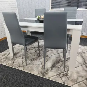 Modern White and Black Wood Dining Table With 4 Grey Chairs