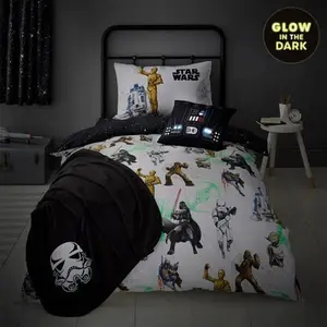 Star Wars Glow In The Dark Duvet Cover And Pillowcase Set, Fictional, Size: Single, Black/White/White, Polycotton