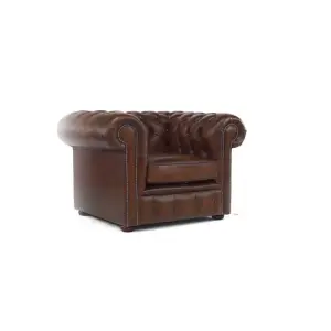 Chesterfield Low Back Club ArmChair Antique Brown Real Leather In Classic Style