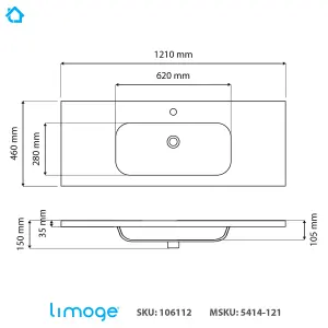 5414 Ceramic 120cm x 45cm Mid-Edge Inset Basin with Oval Bowl