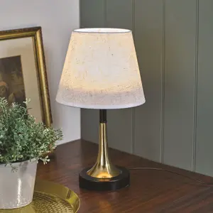 Amelia Table Lamp - USB or Mains Powered LED Light with Brass Colour Stem, Black Base & White Linen Effect Shade - H40 x 20cm