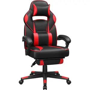 SONGMICS Desk Chair, Gaming Office Chair Featuring Footrest, Ergonomic Headrest and Lumbar Support, Black and Red