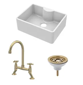 Fireclay Kitchen Bundle - Single Bowl Butler Sink with Tap Ledge, Waste & Bridge Tap, 595mm - Brushed Brass - Balterley