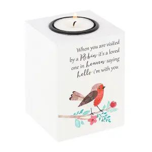 Cube Tealight Holder with a Robin Print and Visited Message (H) 10 cm