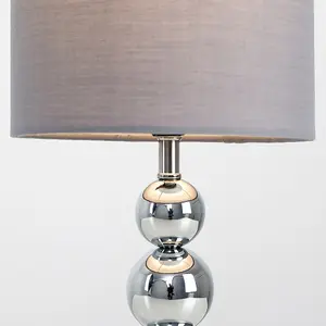 ValueLights Marissa Pair of Chrome Stacked Balls Table Lamps with Grey Faux Silk Shades