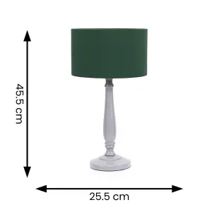 ValueLights Victoria Traditional Grey Wood Candlestick Table Lamp with Forest Green Drum Shade