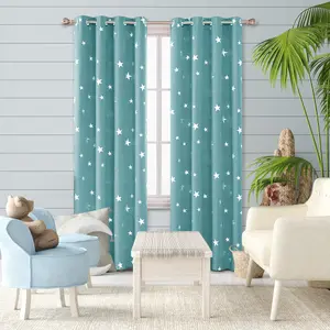 Deconovo Thermal Blackout Curtains, Eyelet Silver Star Foil Printed Room Darkening Curtains, W46 x L90 Inch, Sky Blue, 2 Panels