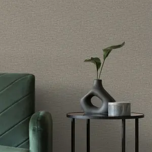 Grandeco Telma Slubbed Fabric Hessian Textured Luxury Wallpaper Dark Mocha Neutral