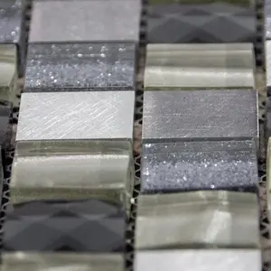 Luxury Grey, Silver & Ivory Glass & Brushed Steel Mosaic Wall Tiles Sheet 8mm