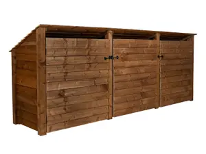 Wooden log store (roof sloping back) with door and kindling shelf W-335cm, H-126cm, D-88cm - brown finish