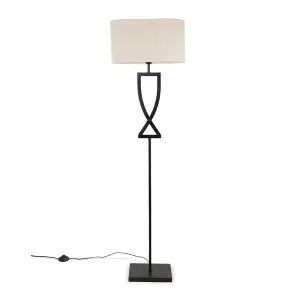 ValueLights Katniss Large Black Metal Floor Lamp with an Oatmeal Fabric Oval Lampshade - Bulb Included