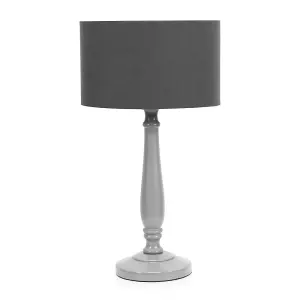 ValueLights Victoria Traditional Grey Wood Candlestick Table Lamp with Charcoal Drum Shade