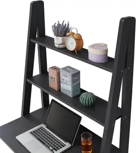 Riva Ladder Bookcase with 5 Tier Shelves & Overhanging Desk Shelf in Black