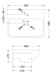 Square Ceramics Semi Recessed 1 Tap Hole Minimalist Basin (Tap Not Included), 500mm - Balterley